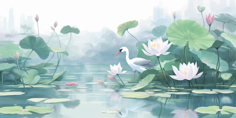 唯美夏天池塘里绽放的荷花插画背景,插画/手绘图,插画/手绘图库,插画/手绘图下载,插画/手绘